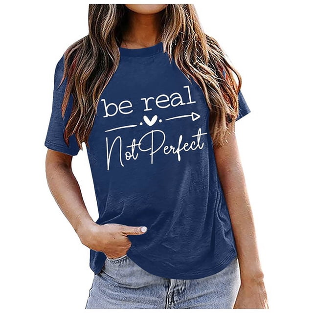 WEIYLL T-Shirts pour Femmes Manches Courtes Imprimé Lettre Blouse Bleue Tailles TTTG