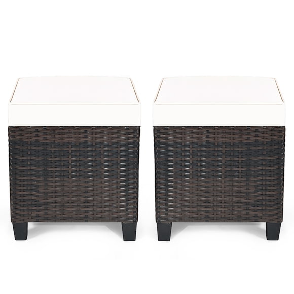 Costway 2PCS Patio Rattan Ottoman Cushioned Seat Coffee Table Furniture Beige