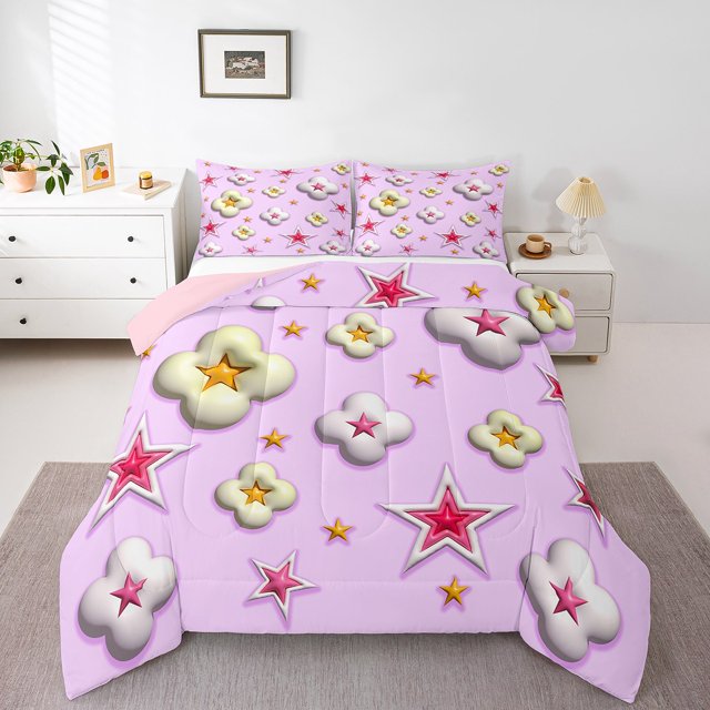 Erosebridal Ensembles de Literie à Impression 3D Étoiles Double avec Couette pour Princesse, Insert de Couette Nuage Étoilé Pailleté, Réversible 3 Pcs