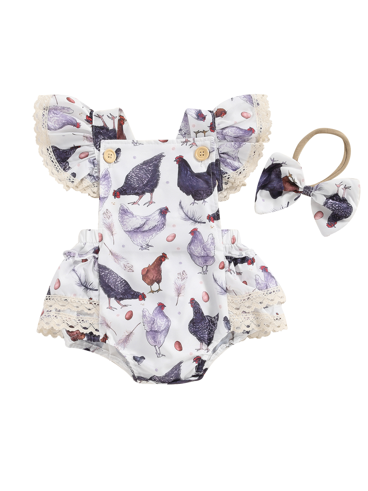 FAROOT Baby Girl Summer 2 Piece Set Rooster Print Lace Square Neck Ruffle Sleeve Jumpsuit Bow Headband