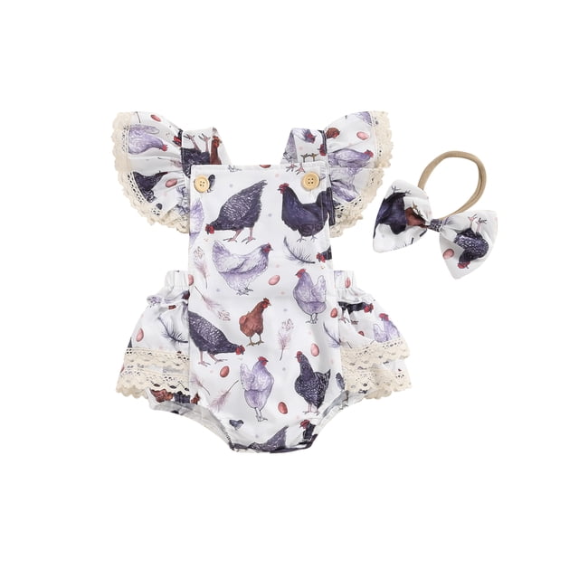 FAROOT Baby Girl Summer 2 Piece Set Rooster Print Lace Square Neck Ruffle Sleeve Jumpsuit Bow Headband