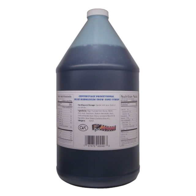 Sirop pour Cônes de Neige Gomme Balloune Bleue dans un Contenant de 1 Gallon (3,785 L) par HTD CANADA. Ce Sirop Aromatisé Est Idéal pour les Cônes de Neige, Offrant des Portions de Cône de 128 oz. la Bouteille Contient un Liquide Bleu et Présente une Étiquette avec des Faits Nutritionnels, des Ingrédients et une certification Casher.