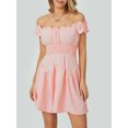 thumbnail image 2 of SUNSIOM Women Summer Short Dress, Solid Color Ruched Bust Boat Neck Off Shoulder Puff Sleeve A-Line One Piece for Ladies, 2 of 8