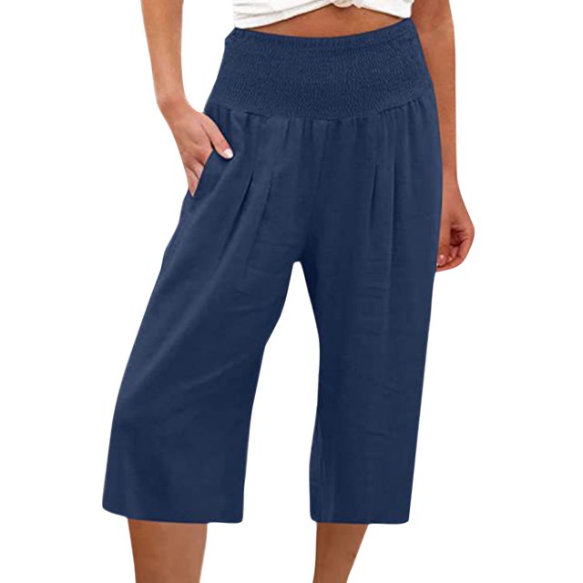 Innerwin Bottoms Wide Leg Women Palazzo Pant Holiday Solid Color Loose Fit Capri Pants Navy Blue 2XL