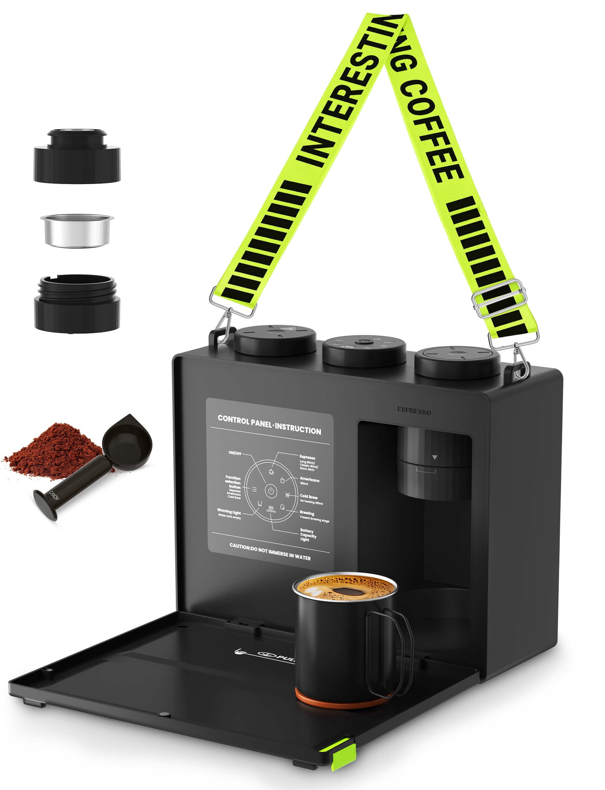 CANDY Portable Espresso Machine with Strap, 3 in 1 Coffee Maker, One-Touch Operation, Rechargeable Cold Brew Up to 60 Cups, for Ground, Ideal for Cam