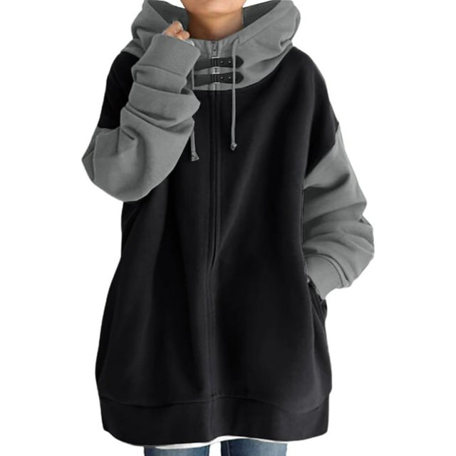 Women‘s Colorblock Loose Fit Hooded Zipper Long Sleeve Sweatshirt
