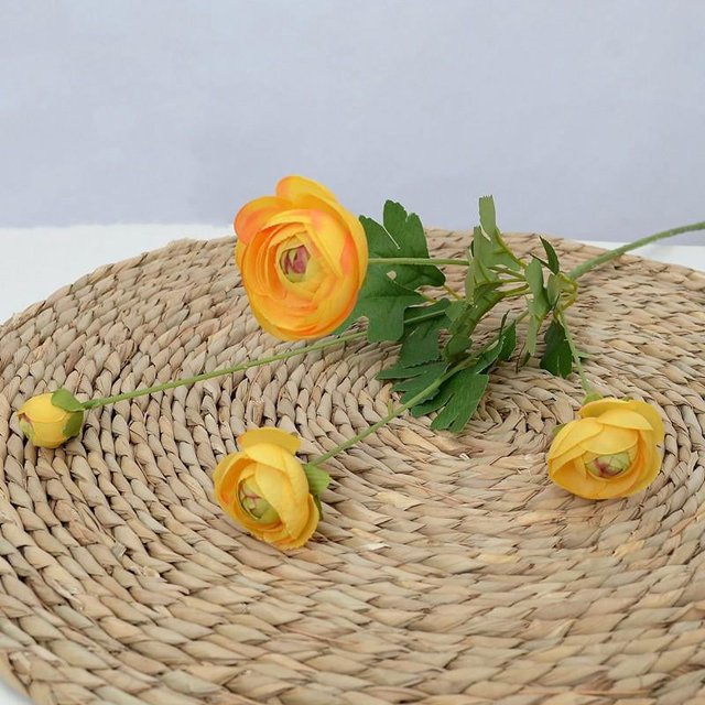 KUIZAP 60cm 5 Heads Artificial Ranunculus Flowers Floral Faux Peony Bouquet Wedding Home Decoration Simulation Artificial Flowers(Yellow)