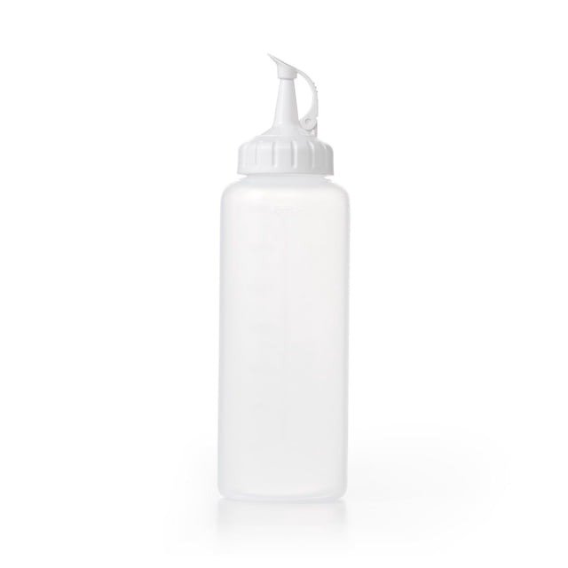 OXO 12oz/355ml Squeeze Bottle in translucent BPA-free plastic with an attached white flip-top cap, featuring measurement markings in cups, ounces, and milliliters for precise dispensing of oils, chocolate, and condiments, dishwasher safe and easy to clean with disassemblable collar and spout, often used for storing craft supplies.