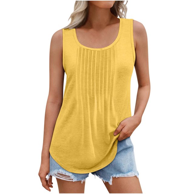 Plebaso Débardeurs d'Été pour Femmes Plissés Sans Manches Chemises Amples Col Rond Décontracté Blouse T-Shirt Uni P-5TG