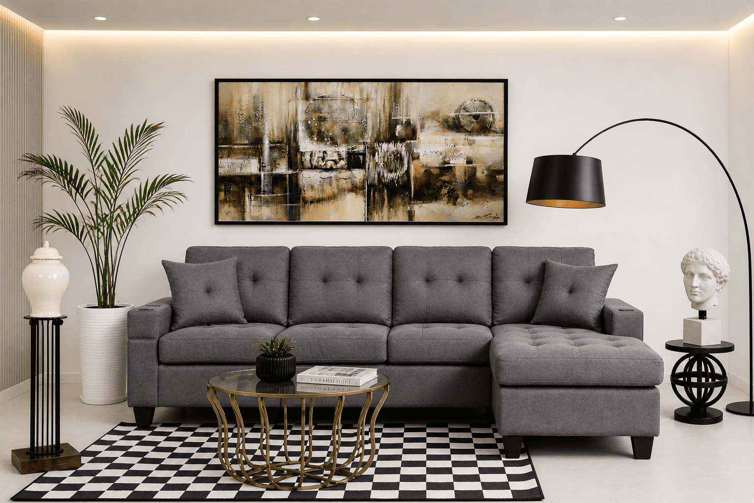 K-Living Newton Reversable Sectional in Grey Fabric with A Wireless Charger and Built-In USB/C Port