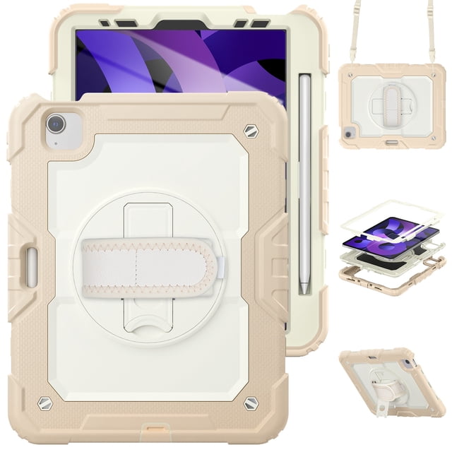 XYX For iPad Air 5th/4th Generation 10.9 inch 2022/2020 Case, 360 Rotating Shockproof Cover with Stand, Screen Protector, Shoulder Strap, Cream Rose Gold
