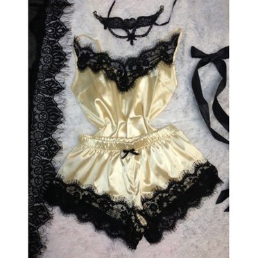 Sexy Lace Satin Pajama Sets Women's Sleepwear Sleeveless Tops+Shorts Sets Pyjama Sets For Women Pijama Nightwear - Yellow / S