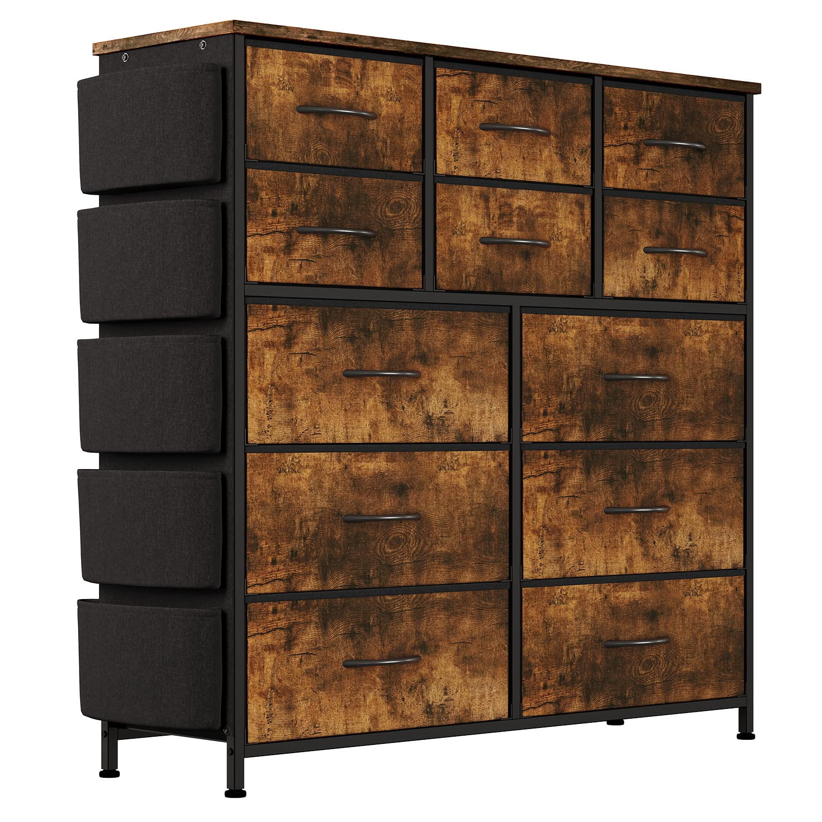 EDTara Dresser for Bedroom, Tall Storage Dresser with 12 Drawers & Side Pockets, Fabric Chests of Drawers Organizer