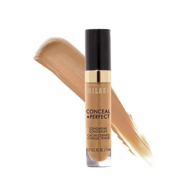 Milani Conceal + Perfect Longwear Concealer in a clear tube with black cap and gold band, shown with a beige concealer swatch behind it. This hydrating, water-resistant face makeup provides full coverage for blemishes and under-eye circles with up to 12 hours wear.