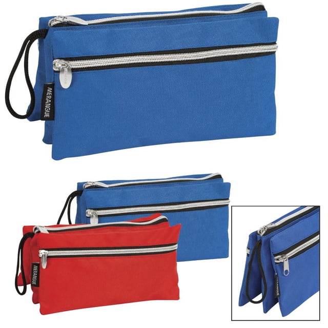 Merangue Trousse à Crayons à Triple Compartiment, Assortie, Lot de 2 Comprenant une Trousse à Crayons en polyester durable Rouge et une Bleue avec Trois Compartiments Zippés et des Dragonnes Noires, Idéale pour Organiser des Stylos, des Crayons et des Essentiels de Papeterie.