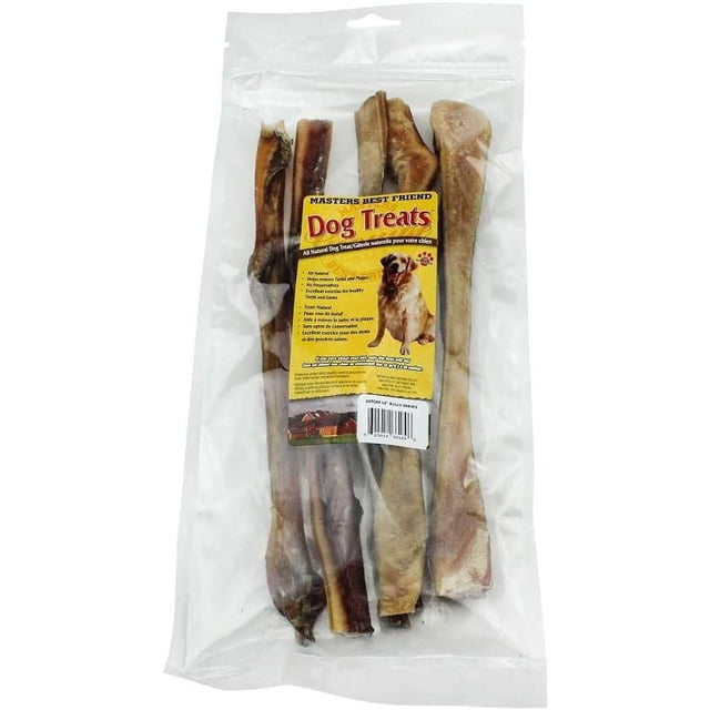 Masters Best Friend All Natural Beef Hide Chews in a clear resealable bag containing four long, natural-coloured beef hide dog chews designed for power chewers and long-lasting use, with a yellow label showing a dog and product information.