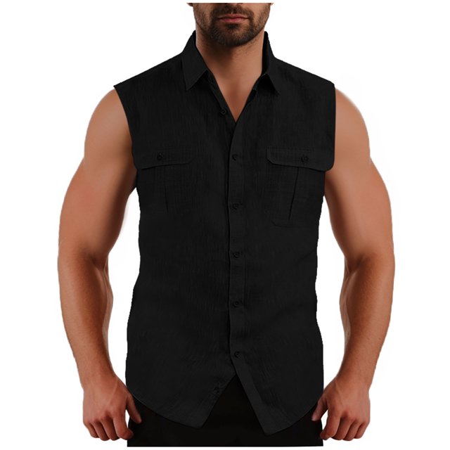 Diufon Mens Sleeveless Button Down Shirts Cotton Linen Summer Beach Vacation Basic Tank Shirts with Pockets