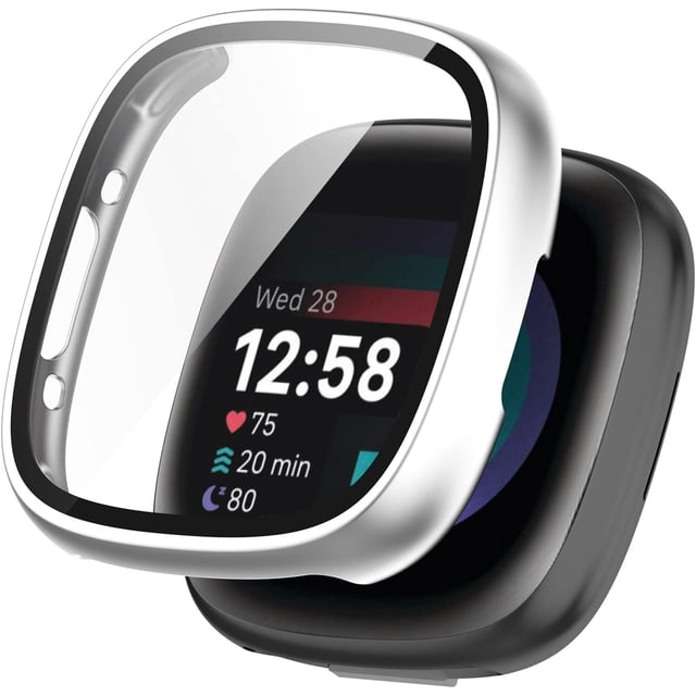 GFDYREE Compatible avec Fitbit Versa 4 / Sense 2 Case, un Protecteur d'Écran à Couverture Complète avec Verre Trempé et Étui Rigide en PC. l'Étui Ultra Mince Présente des Découpes Précises pour un Accès Facile aux Boutons, Capteurs et Commandes, Offrant une protection Tout Autour contre les impacts et les Égratignures. le Verre Trempé à Haute Transparence Assure un Affichage Clair Tout en Conservant la Sensibilité au Toucher. Présenté dans une Finition Argentée, l'Étui Est Conçu pour une installation Facile et n'Interfère Pas avec le Chargement Ni L'