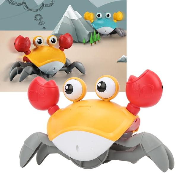 Ccdes Crawling Crab Toy, a vibrant yellow and red crab-shaped interactive toy with large eyes and movable legs. It features music and light to engage children and promote physical movement and coordination. The toy is USB rechargeable with a 3.7V lithium battery, offering 20-30 minutes of playtime after a 2-hour charge. It automatically avoids obstacles and is designed for children aged 3 years and older. Displayed in a fun setting with another crab toy in the background.