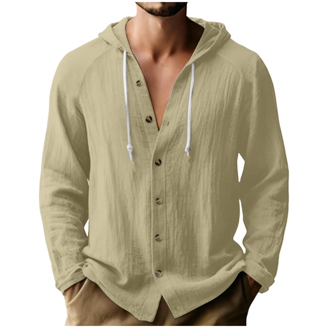 RXMEKW Solid Color Hooded Cardigan for Men with Button Front and Long Sleeves