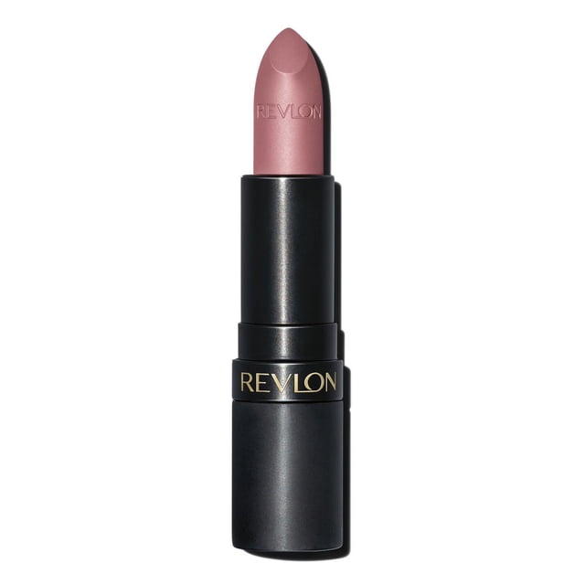 Revlon Super Lustrous™ Matte Lipstick in muted pink, presented in a soft-touch black matte tube with gold Revlon branding and an embossed lipstick bullet, offering a velvety matte finish ideal for full-coverage lip colour.