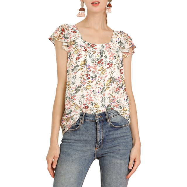 INSPIRE CHIC Blouse Fleurie pour Femme Été Décontractée Col Carré Chiffon Manches Courtes Chemises à Volants TP Blanc