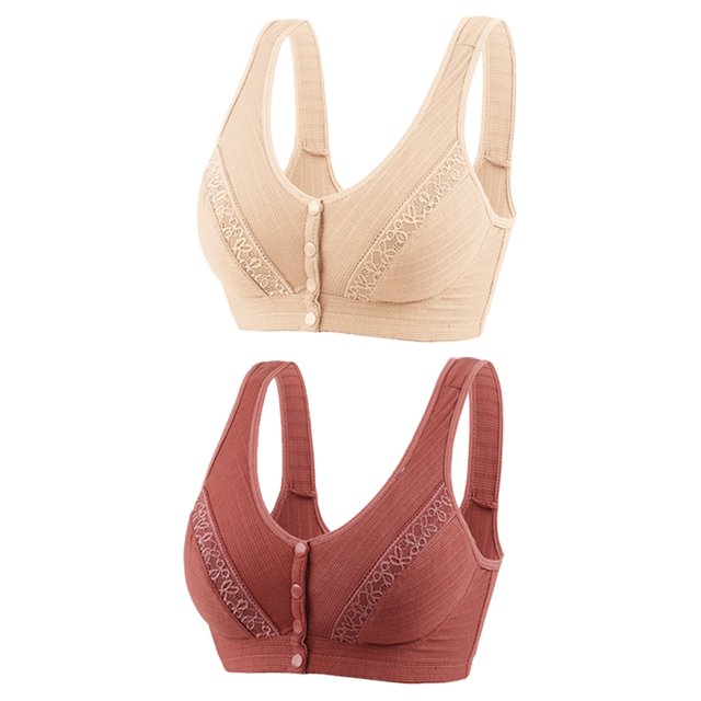 Plebaso Wireless Front Closure Bras for Women 2 Pack, featuring full coverage and push-up design for everyday comfort. Includes one beige and one rust-coloured bralette with lace detailing and buttoned front closures. Made from breathable, soft material with adjustable straps for a personalized fit. Suitable for daily wear, office, workouts, or casual outings.