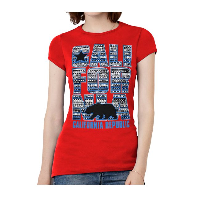 Womens California Republic Blue Tribal Pattern Black T-Shirt - Red - 2X-Large