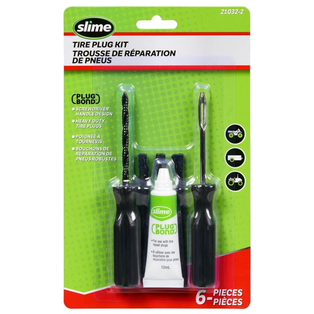 Slime Trousse de Bouchon de Pneu à Poignée Droite avec 6 Pcs Incluant un Outil Aléreur à Poignée Tournevis, un Outil de Bouchon, Trois Bouchons de Pneu Noirs Robustes, et un tube de 12 ml d'Adhérence de Bouchon pour la Réparation de Pneus Sans Chambre à Air sur VTT, Tondeuses à Gazon et Remorques, dans un Emballage Vert et Rouge.