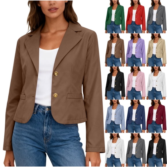 Dazajoo Womens Cropped Blazer Single Breasted Button Front Suit Jacket Casual Long Sleeve Blazers with Pockets,Black,L