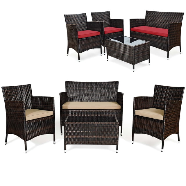 Costway Ensemble de Mobilier de Terrasse en Osier 4 Pcs Canapé Fauteuil avec Housses de Coussins Brun et Rouge Jardin