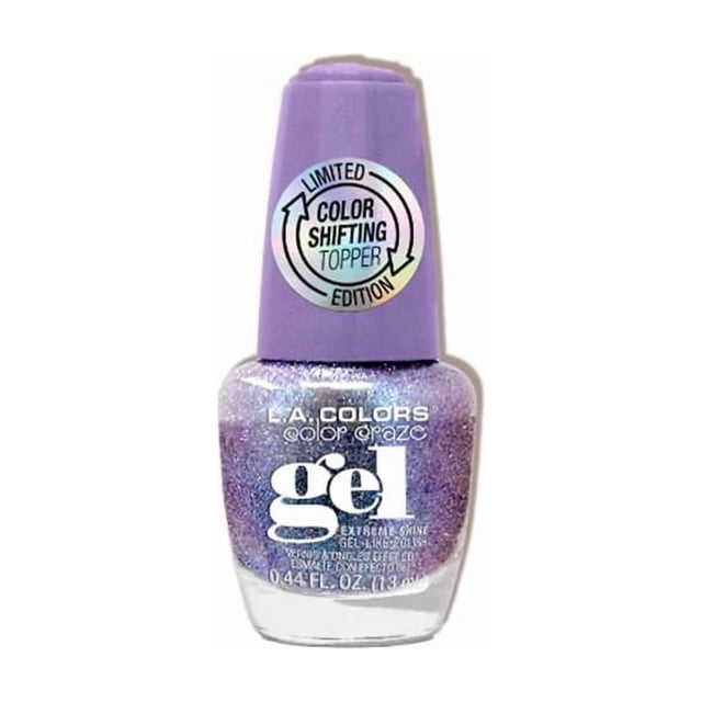 Galactic Glam Color Shifting Gel Polish in a 13ml clear glass bottle with a purple cap featuring a holographic 'Limited Color Shifting Topper Edition' sticker. The gel polish displays a cosmic shimmer with color-shifting effects, usable alone or over other nail colors, no UV light needed, and easy to remove.