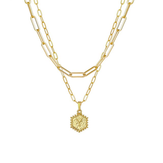 PVCS Collier Chaîne Plaqué Or pour Femmes Pendentif Lettre Hexagonale Collier Superposé