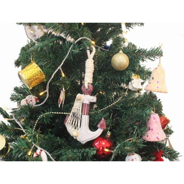 Hampton Nautical Anchor-302-XMASS Wooden Rustic Decorative Red & White Anchor Christmas Tree Ornament - Nautical Tree Decoration