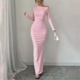 thumbnail image 4 of JGGSPWM Robe à une Épaule à Manches Longues pour Femmes Couleur Unie Froncée Sortie Nocturne Formelle Maxi Automne Invitée de Mariage Robes Rose P, 4 of 8