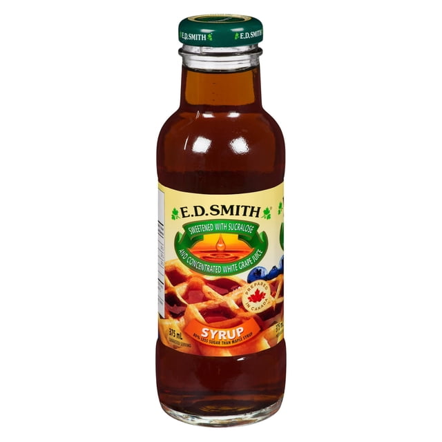 E.D. Smith No Sugar Added Syrup in a 375 ml clear glass bottle with a green cap, labelled as sweetened with sucralose and concentrated white grape juice, featuring waffles and blueberries on the label, ideal as a maple syrup alternative for diabetic diets and prepared in Canada.