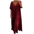thumbnail image 1 of Fshaion Robe d'Été pour Femmes 2024 Grande Taille Coton Lin Couleur Ample Col en V Manches Courtes Robe Liquidation à Moins de 10!, 1 of 5