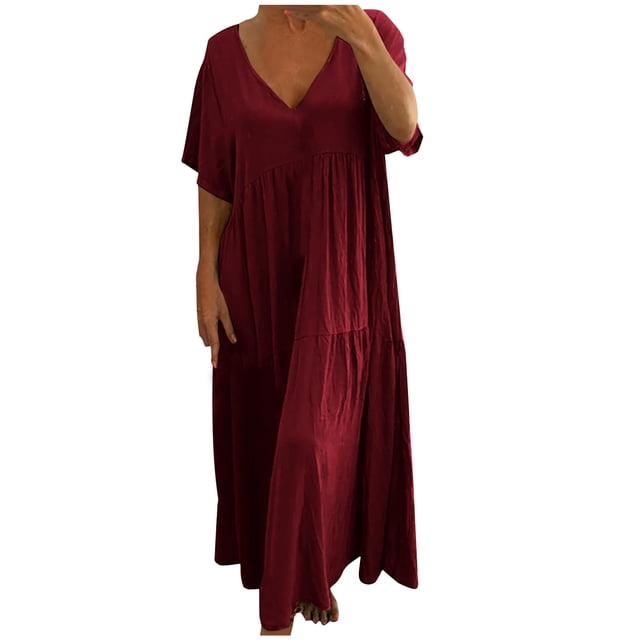 Fshaion Robe d'Été pour Femmes 2024 Grande Taille Coton Lin Couleur Ample Col en V Manches Courtes Robe Liquidation à Moins de 10!