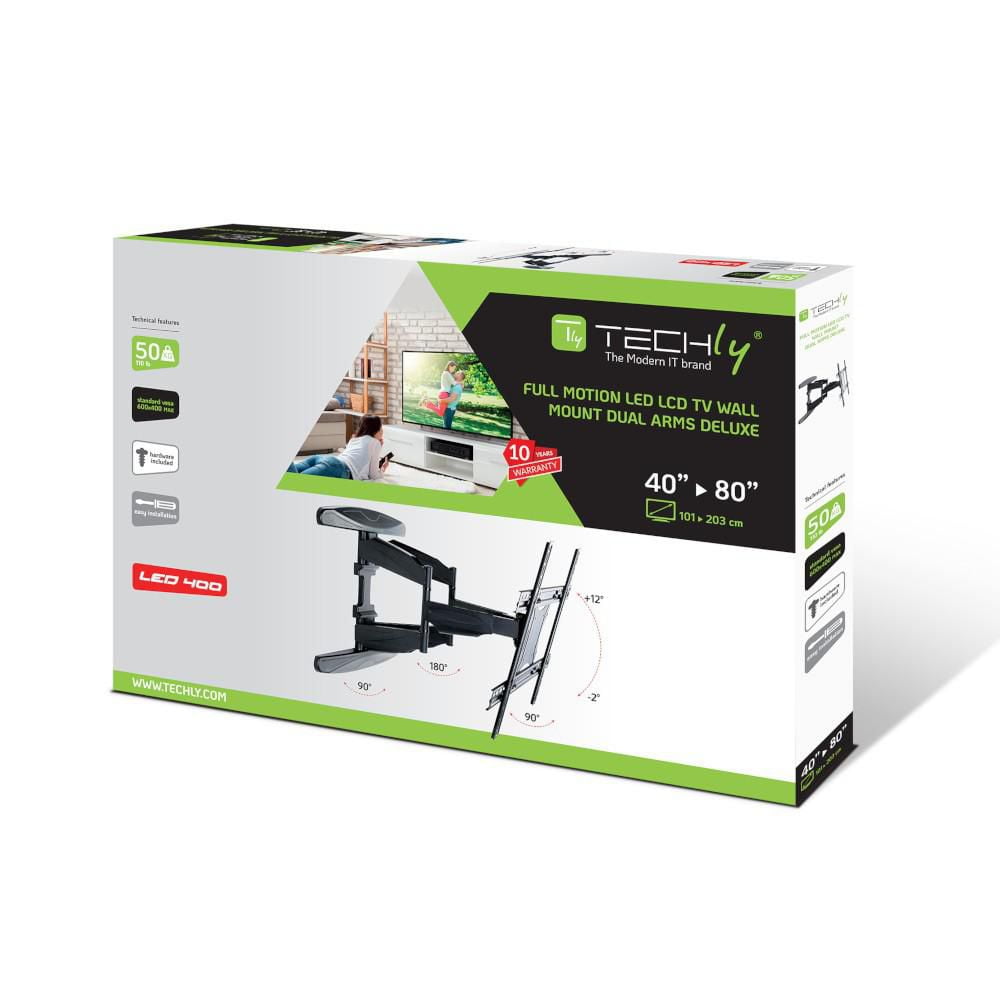 Techly Support mural orientable pour téléviseur LCD/LED de 40" à 80" - Inclinaison de +12°/-2° - VESA jusqu'à 600x400 mm - Capacité de charge jusqu'à 50 kg - Noir