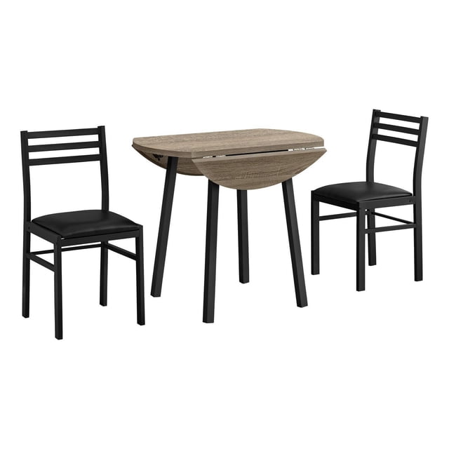 Monarch Specialties Dining Table Set, 3-piece set featuring a 35-inch round drop leaf table with dark taupe wood-look laminate top and black metal angled legs, paired with two black metal ladder-back chairs with padded black leather-look seats, suitable for small kitchens or apartments.