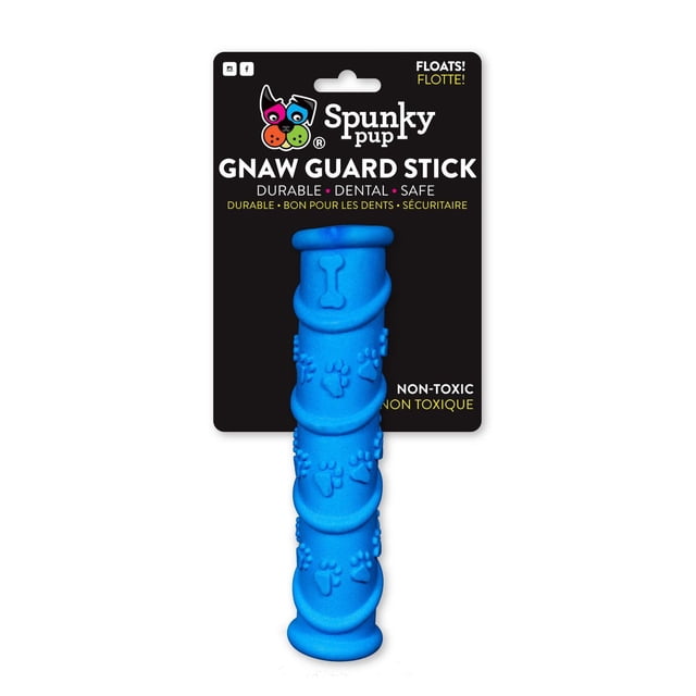 Gnaw Guard Stick dog chew toy by Spunky Pup in bright blue foam, textured with raised paw prints and bone shapes, designed for durable, dental-safe chewing and non-toxic use, floats for outdoor play.
