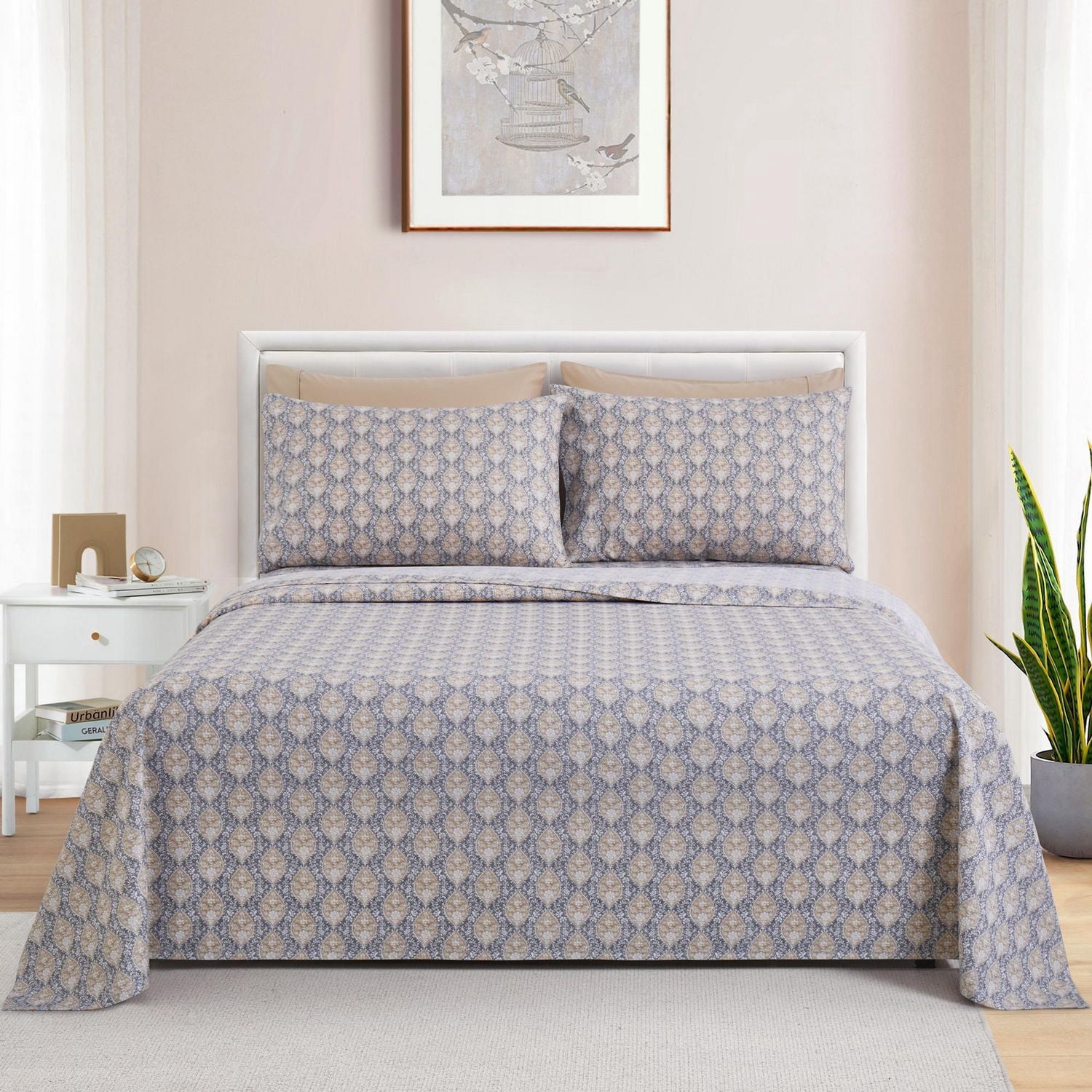 Ensemble de literie Marina Décoration ultra douce, soyeuse et riche en soie, imprimée, en rayonne de bambou, toutes saisons, avec taies d'oreiller, motif floral gris taupe