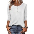 thumbnail image 2 of Lenpel Hauts pour Femmes à Manches 3/4 Printemps Été Col Ras du Cou Quart de Bouton T-Shirts Décontractés Tunique Tee Blouses, 2 of 7
