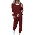 thumbnail image 1 of Posijego Ensemble Femme 2 Pcs Tenue Rayée Décontractée Manches Longues Col Ras du Cou Hauts Pantalons à Cordon Ensembles Détente P-5TG, 1 of 5