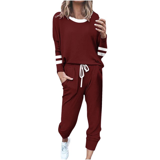 Posijego Ensemble Femme 2 Pcs Tenue Rayée Décontractée Manches Longues Col Ras du Cou Hauts Pantalons à Cordon Ensembles Détente P-5TG