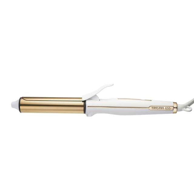KRISTIN ESS HEAT STYLING TOOLS 1 1/4" Soft Wave Curling Iron with polished gold titanium barrel and white ergonomic handle featuring thumb grip and digital display, designed for creating smooth curls and beachy waves with adjustable heat up to 425°F, suitable for various hair types.