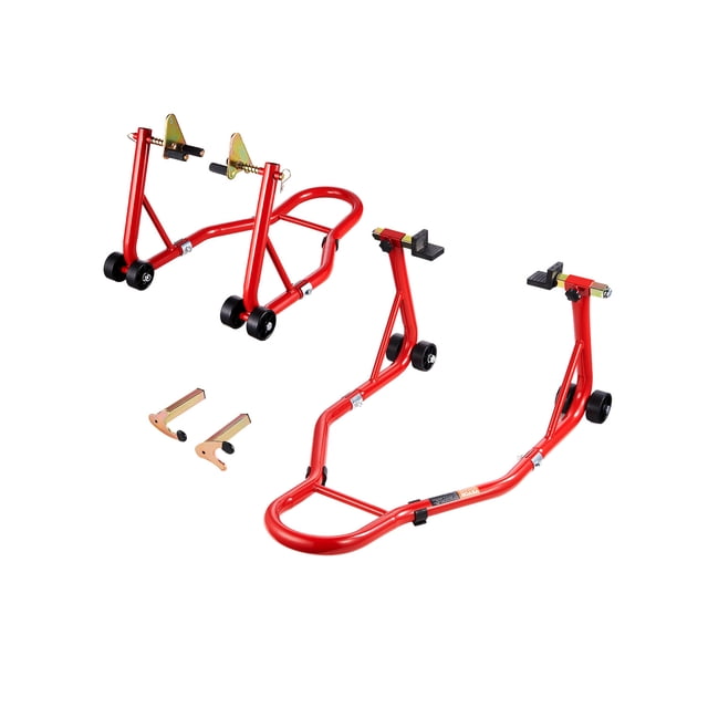 VEVOR Motorcycle Front & Rear Stand Lift with 850 lbs capacity, featuring a red heavy-duty steel frame, zinc-alloy coated forks, anti-slip pads, and adjustable universal fork heads. This motorcycle paddock stand is compatible with various models and ideal for maintenance, storage, and repairs.
