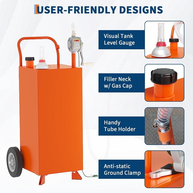 Royalbelle Panier à Carburant de 35 Gallons avec Roues et Pompe de Transfert Manuelle, Réservoir d'Essence Portable avec Pompe à Siphon Manuel Rotative Réversible, avec 2 Roues Roulantes en Caoutchouc Plein Sans Plat, Plus, Orange