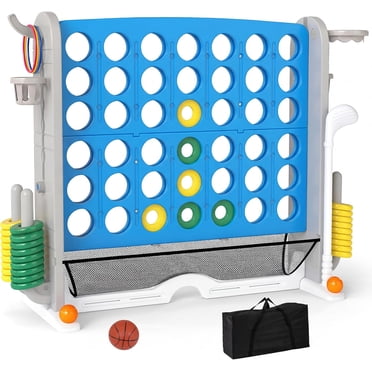 OLAKIDS Jeu Géant 4 en Ligne avec Réglage de la Hauteur, 4 Jeux à Marquer pour le Plaisir Intérieur Extérieur avec Filet en Maille, Sac de Rangement, Golf, Panier de Basketball, Lancer de Anneaux pour Enfants Adultes
