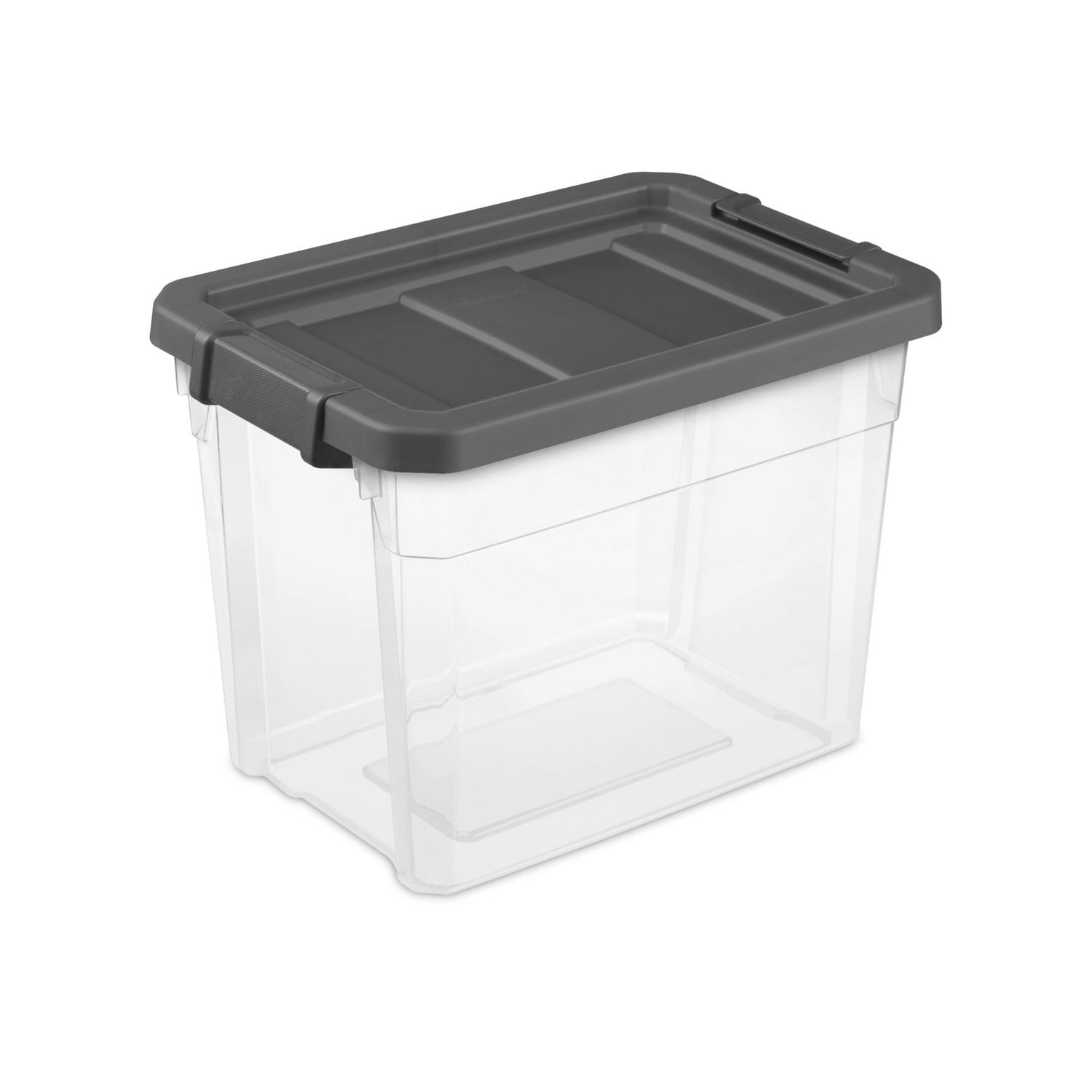 Sterilite 28 L Stacker Box, Durable Clear Plastic Storage Bin with Latch Lid, Dark Gray